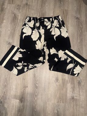 H&M Black and White Wide Leg Pants with Floral Print